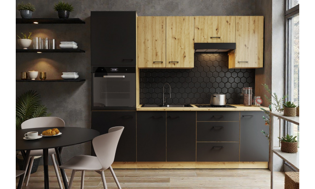 Moderní kuchynská linka Janika 240cm, dub artisan/černý mat