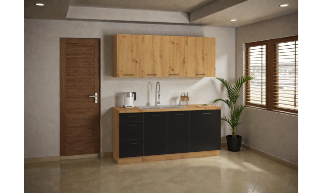 Moderní kuchynská linka Janika 180cm B, dub artisan/černý mat