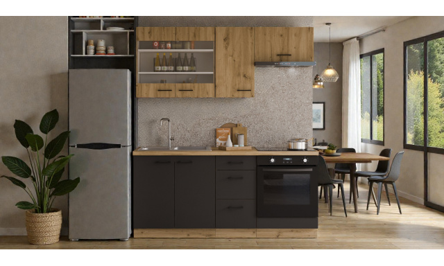 Moderní kuchynská linka Janika 180cm, dub artisan/černý mat