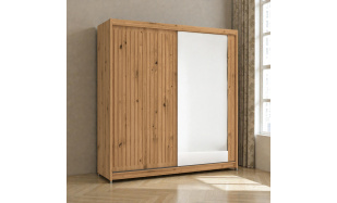 Moderní šatní skřín Flores 203cm, dub wotan + zrcadlo