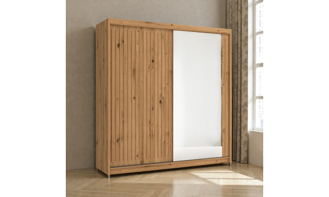 Moderní šatní skřín Flores 203cm, dub wotan + zrcadlo