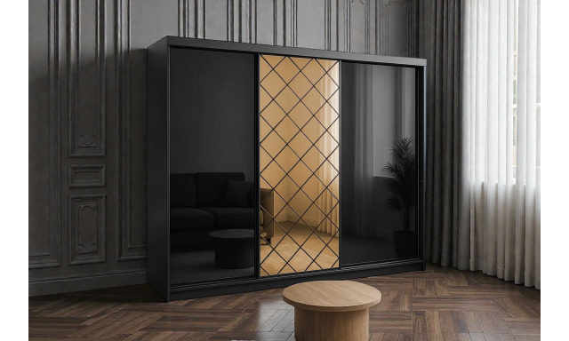 Luxusní šatní skřín Zidane 250cm, černý lesk 