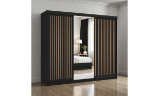 Moderní šatní skřín Flores 250cm, černá + dub wotan + zrcadlo