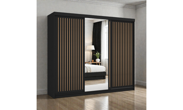 Moderní šatní skřín Flores 250cm, černá + dub wotan + zrcadlo