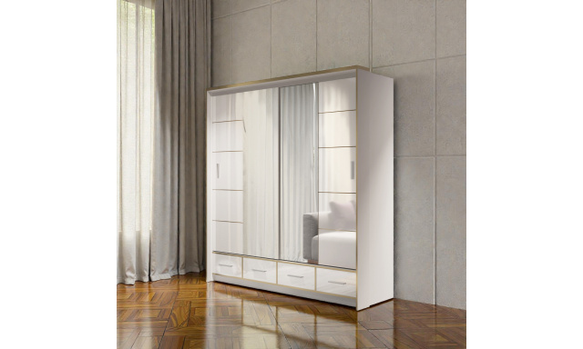Kvalitní šatní skřín Siena 203cm, bílý lesk + LED 