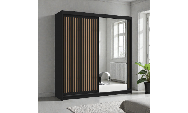 Moderní šatní skřín Flores 203cm, černá + dub wotan + zrcadlo