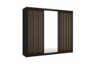 Moderní šatní skřín Flores 250cm, černá + dub wotan + zrcadlo