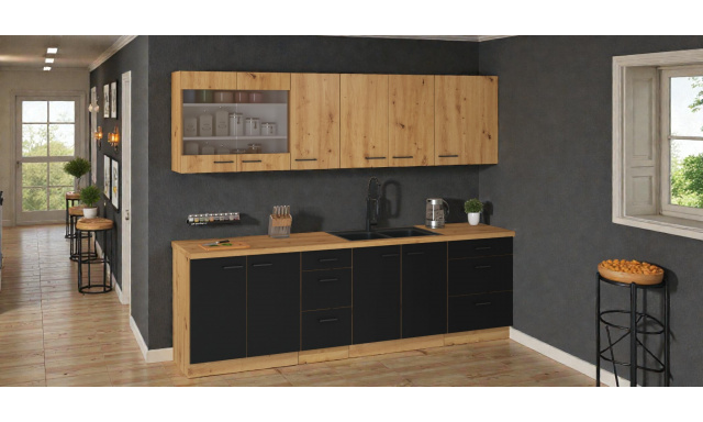 Moderní kuchynská linka Janika 260cm B, dub artisan/černý mat