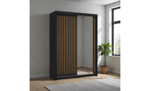 Moderní šatní skřín Flores 150cm, černá + dub wotan + zrcadlo