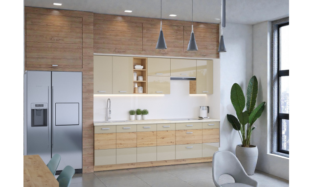 Moderní kuchynská linka Delta 260cm, dub artisan/cappucino lesk