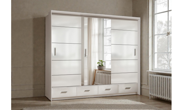 Kvalitní šatní skřín Santorini 253cm, bílý lesk + LED PODSVÍCENÍ