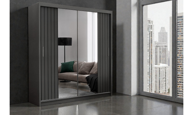 Moderní šatní skřín Travoli 200cm, šedá + zrcadlo 