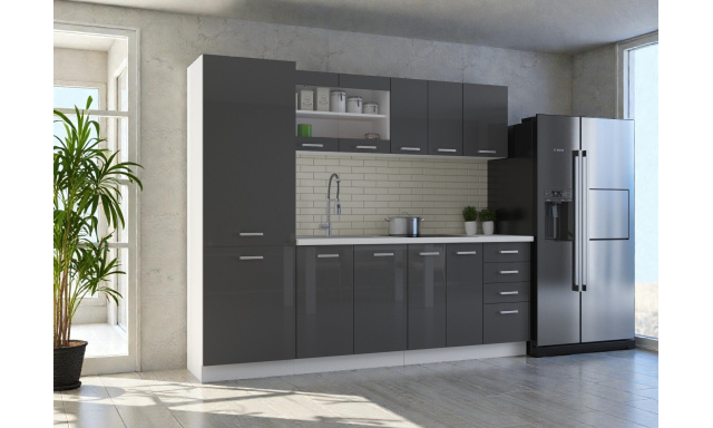 Moderní kuchynská linka Roman 240cm, bílá/šedý lesk