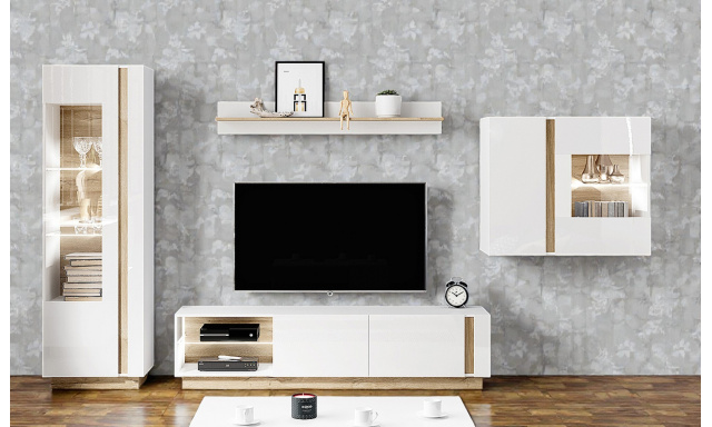 Moderní obývací sestava Terra B, bílá/dub grandson/bílý lesk