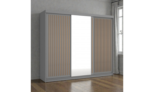 Moderní šatní skřín Flores 250cm, šedá + dub wotan + zrcadlo