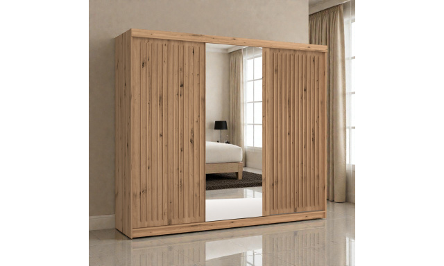 Moderní šatní skřín Flores 250cm, dub wotan + zrcadlo