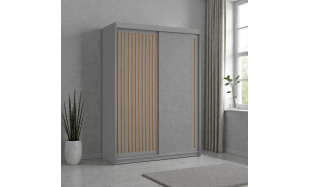 Moderní šatní skřín Flores 150cm, šedá + dub wotan + zrcadlo