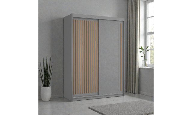 Moderní šatní skřín Flores 150cm, šedá + dub wotan + zrcadlo