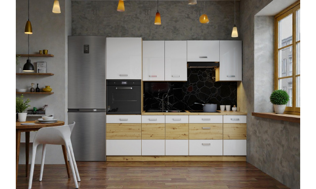 Moderní kuchynská linka Delta 240cm, dub artisan/bílý lesk