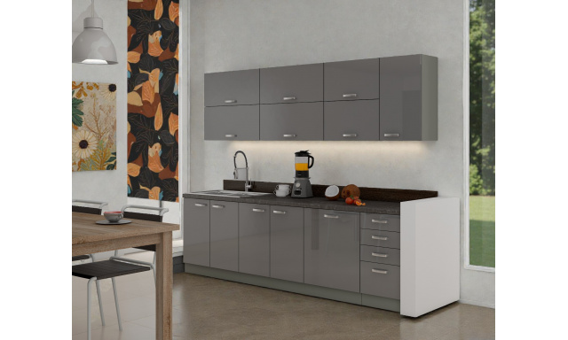 Moderní kuchynská linka Gaston 260cm, šedý lesk
