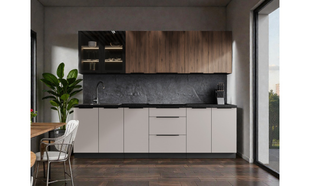 Luxusní kuchynská linka Santiago 260cm, cashmere/ořech