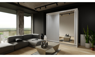 Moderní šatní skřín Flores 203cm, bílá + šedá + zrcadlo