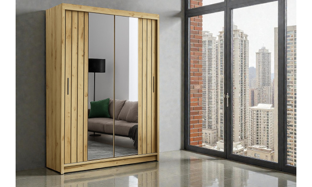 Moderní šatní skřín Travoli 150cm, dub wotan + zrcadlo 