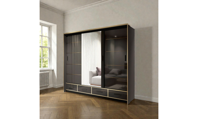 Kvalitní šatní skřín Siena 253cm, černý lesk + LED 