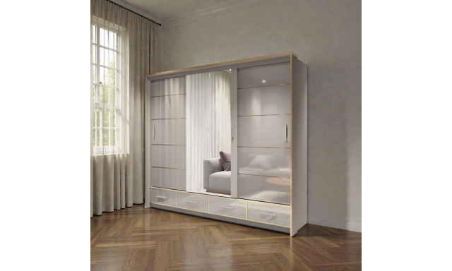 Kvalitní šatní skřín Siena 253cm, šedý lesk + LED PODSVÍCENÍ