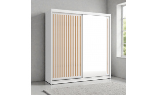 Moderní šatní skřín Flores 203cm, bílá + dub wotan + zrcadlo