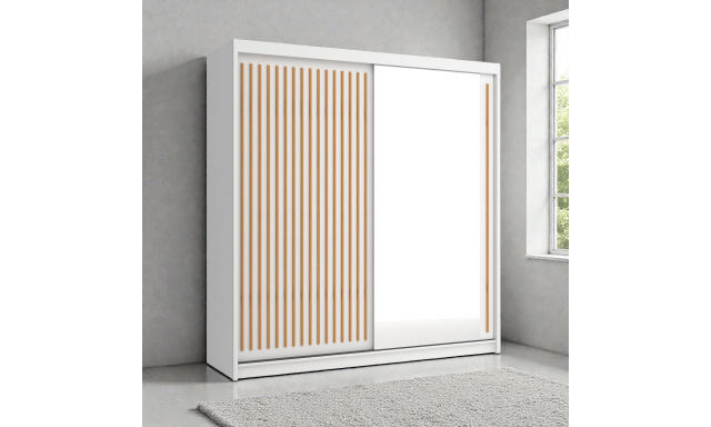 Moderní šatní skřín Flores 203cm, bílá + dub wotan + zrcadlo