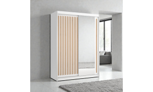 Moderní šatní skřín Flores 150cm, bílá + dub wotan + zrcadlo