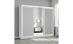 Moderní šatní skřín Flores 250cm, bílá + šedá + zrcadlo