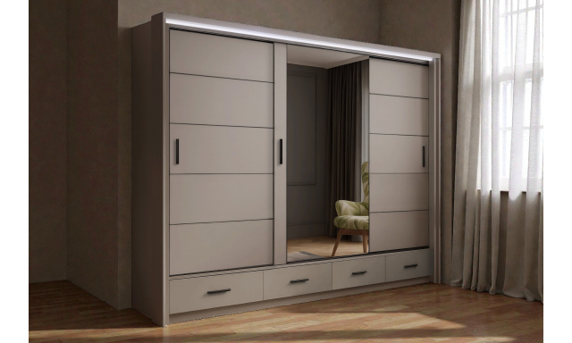 Moderní šatní skřín Rendon 253cm, jívová + LED podsvícení 