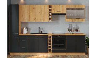 Moderní kuchynská linka Janika 315cm, dub artisan/černý mat