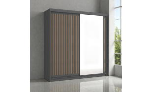 Moderní šatní skřín Flores 203cm, šedá + dub wotan + zrcadlo
