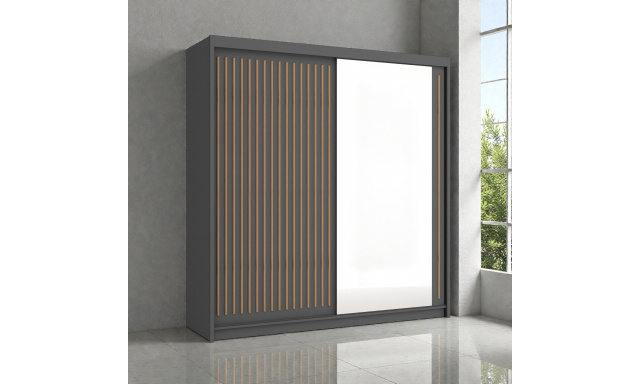 Moderní šatní skřín Flores 203cm, šedá + dub wotan + zrcadlo