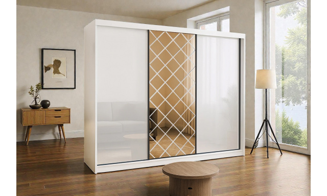 Luxusní šatní skřín Zidane 250cm, bílý lesk 