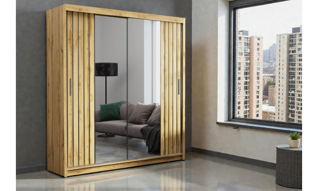 Moderní šatní skřín Travoli 200cm, dub wotan + zrcadlo 