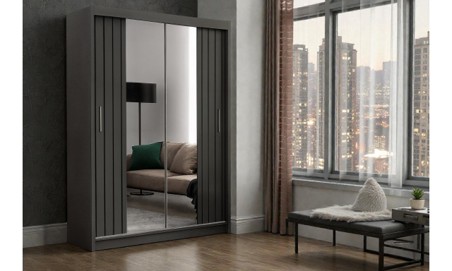 Moderní šatní skřín Travoli 150cm, šedá + zrcadlo 