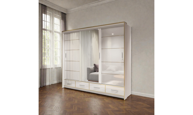 Kvalitní šatní skřín Siena 253cm, bílý lesk + LED PODSVÍCENÍ