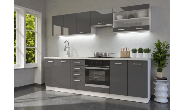 Moderní kuchynská linka Roman 260cm, bílá/šedý lesk