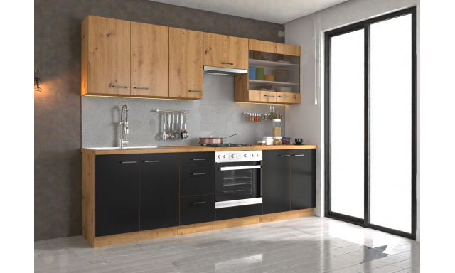 Moderní kuchynská linka Janika 260cm, dub artisan/černý mat