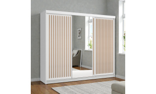 Moderní šatní skřín Flores 250cm, bílá + dub wotan + zrcadlo