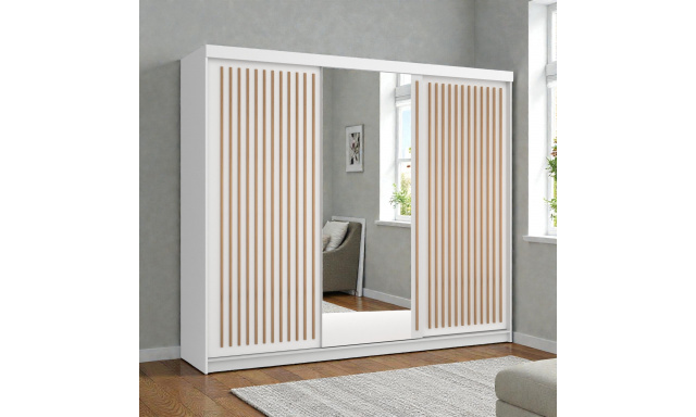 Moderní šatní skřín Flores 250cm, bílá + dub wotan + zrcadlo