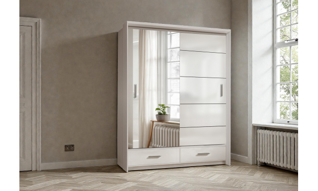 Kvalitní šatní skřín Santorini 153cm, bílý lesk + LED PODSVÍCENÍ